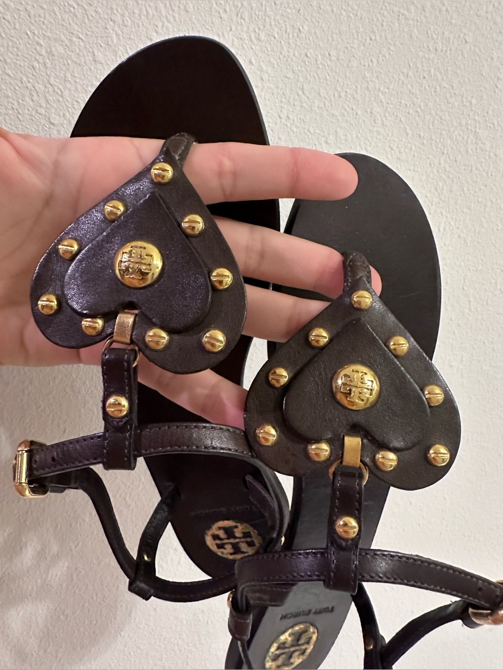 Tory Burch brown Leather Heart Stud Sandals with Gold Accents